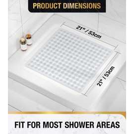 HITSLAM Shower Mat Anti Slip, Square Bath Mat for Tub Non Slip with Suction Cups and Drain Holes, 21x21 Inch Bathroom Shower Stall Floor Mat, Machine Washable, Soft on Feet, Clear