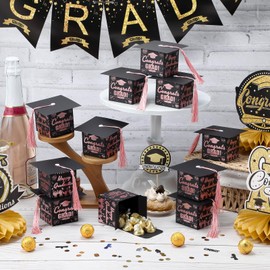 KPOSIYA Graduation Cap Gift Boxes with Tassel, 32pcs Class of 2025 Graduation Party Favors Candy Boxes, Small Treat Box for 2025 Grad Table Centerpieces Decorations（Rose Gold,Black）