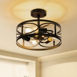 OTeedo Modern Semi Flush Mount Ceiling Light,3-Light Round Flush Mount Ceiling Lights for Dining Room Lighting Fixtures,Farmhouse Black Metal Kitchen Island for Hallway Light Fixture,Bathroom