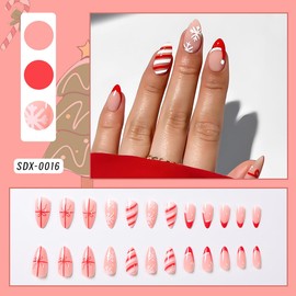 24Pcs Christmas Press on Nails Almond Medium Fake Nails with Xmas Gift Santa Hat Design Glue on Nails Snowflake False Nails Red French Tip Press ons Stick on Nails for Women Holiday Manicure Decor