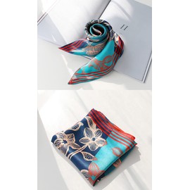 MEISEE Pure Natural Mulberry Silk Scarfs Women Small Square Scarf 21" x 21" Breathable Lightweight Neckerchief Printed Headscarf (Red + blue flowers)