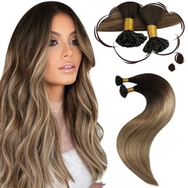 Moresoo Real Hair Bondings Ombre Brown Hair Extensions UTip Extensions Dark Brown to Blonde with Golden Blonde Keratin Bonding Extensions Balayage Real Hair 40 g, 14 Inches / 35 cm