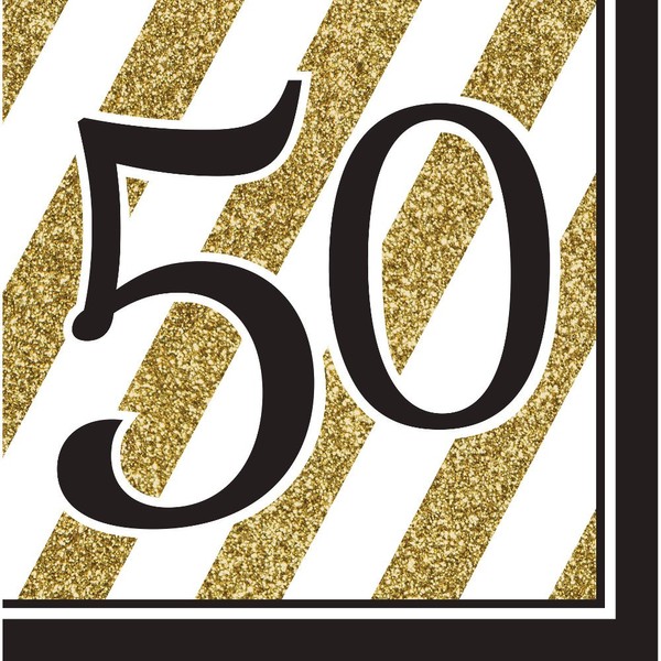 Pack of 192 Gold and White Striped with Black"50" and Border 2-Ply Party Lunch Napkins