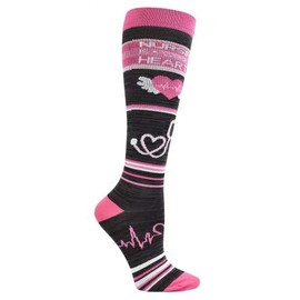 Think Medical Fashion Compression Socks, Pair; Nursing is a Work of Heart, Pink & Black