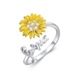 925 Sterling Silver Sunflower Faith Ring Faith Adjustable Band Ring Gifts for Women, Sterling Silver, Cubic Zirconia