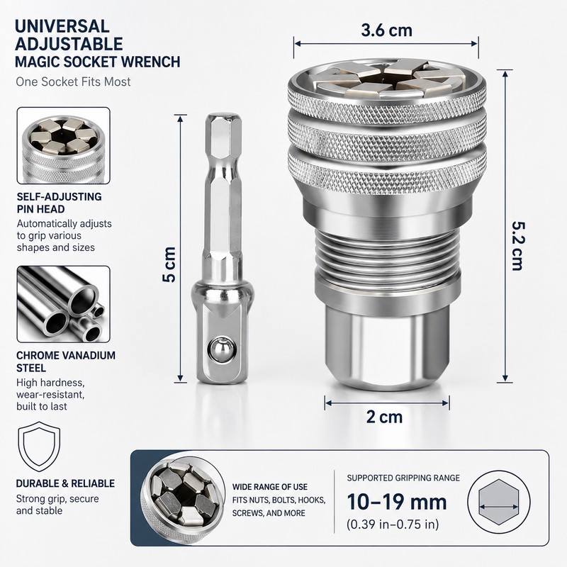 Universal Adjustable Socket Wrench for 10-19mm Fasteners - 2 Piece
