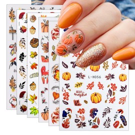 6Sheets Fall Nail Art Stickers 3D Self-Adhesive Maple Leaf Nail Decals Thanksgiving Nail Supplies Cute Squirrel Maple Leaves Pumpkin Nail Art Designs Sticker for Women Girls Manicure Accessories