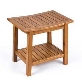 Upolana Outdoor Shower Bench, 20" Solid Acacia Wood Shower Stool Waterproof Shower Seat with Storage Shelf for Bathroom - SB001