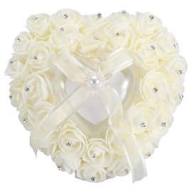 Romantic Heart shaped Wedding Ring Box Rose Rhinestone Decor Ring Pillow Cushion(Beige)
