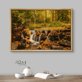SIGNFORD Framed Canvas Print Wall Art Autumn Fall Scenic Forest Tree Waterfall Nature Wilderness Photography Realism Decorative Landscape Relax/Calm for Living Room, Bedroom, Office - 16"x24" Natural