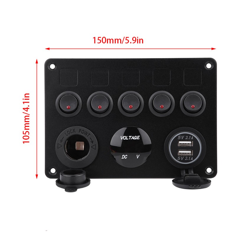 12-24V 5 Gang On/Off Toggle Switch Panel Dual USB Voltmeter