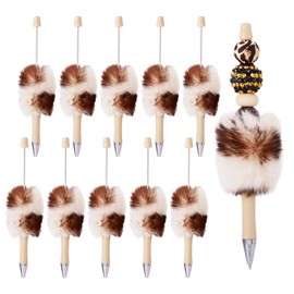 Beadthoven 10pcs Fluffy Beadable Pens Leopard Pom Pom Beaded Pens DIY Plastic Bead Pen Assorted Cute Pens Shaft Black Ink Ballpoint Pens for DIY Pens Making Supplies Gift Office School Light Brown