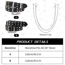 WQYILEAER 2 Pcs Studded Belt, Y2K Belt Star Belt Double Grommet Belt with Chain Goth Punk Rock for Women Men