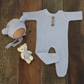 Newborn Photography Outfit Baby Photoshoot Props Prince Infant Photo Prop Bear Outfits New Born Boy Clothes (Light Blue)