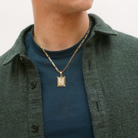 KissYan Men Initial Letter Pendant Necklace for Mens Womens, 14K Gold Plated Square Capital Monogram Necklace Alhpabets from A-Z Figaro Chain Necklace(Hollow White Letter L) Hollow L Two Color
