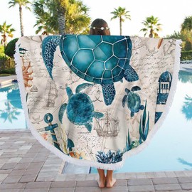 LXTOPN Round Beach Towel, Sea Turtle Microfibre Beach Towel for Beach Blanket, Bath Towel, Yoga Mat, Camping Blanket, Picnic Blanket, Towels with Tassels, 150 cm (Blue Turtle 3)
