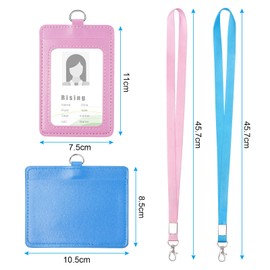Vicloon Leather ID Badge Holder, 2pcs 2-Sided PU Leather ID Badge Holder, ID Badge Holder with Clear ID Window & Credit Card Slot and Detachable Neck Lanyard (Pink Vertical + Light Blue Horizontal)