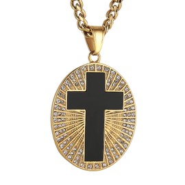 HZMAN Gold Cross Necklace for Men Stainless Steel Cubic Zirconia Black Cross Medal Pendant