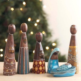 Dear Holidays Small Wooden Tabletop Nativity Set (Colorful Batik Dots 7 pcs)