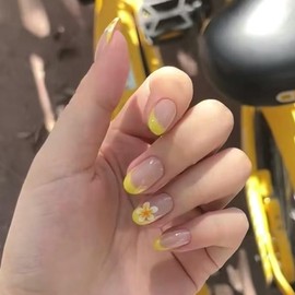 Press on Nails Short Ovalt Fake Nails with Flower Designs Yellow French Tip Nails Press Ons Nude Acrylic Nails Spring Summer Glue on Nails Glossy False Nails Cute Stick on Nails for Women 24PCS