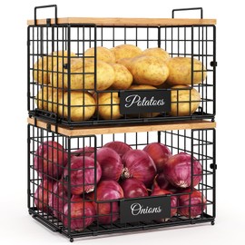 keomaisyto Pantry Organizers and Storage, 2 Set XXL Stackable Wire Basket with Wooden Tops & Tags, Kitchen Counter Organizers for Onion, Potato, Produce, Fruit, Vegetable