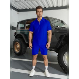 FcuteL Mens Short Sets 2 Piece Outfits Summer Fashion Quarter Zip Polo & Athletic Shorts Retro Textured Sweatsuit Vacation Set Tracksuit Blue M
