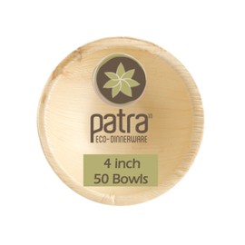 Patra 50pcs - 4 Inch Round Palm Leaf Bamboo Mini Bowls Appetizer Dipping Side Plates | Condiments Dish | Sliders | Dessert | Disposable | Eco Friendly | Biodegradable | Backyard Compostable