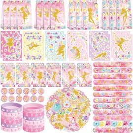 122PCS Fairy Party Favors Set - 50 Stickers, 12 Assemble Stickers, 12 Button Badges, 12 Mini Notepads, 12 Slap Bracelets, 12 Rubber Bracelets, 12 Goodie Bags for Butterfly Birthday Party Supplies