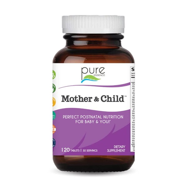 Pure Essence Mother and Child Postnatal Vitamins with Whole Foods, Super Foods, Minerals, Iron, Folate, Non GMO, Vegan - 120 Tablets