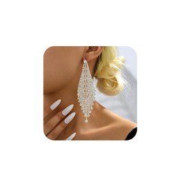 Chargances Boho Silver Glitter Chandelier Crystal Dangle Drop Earrings Rhinestone Bridal Fringe Long Tassel Earrings for Women Wedding (Style 4)