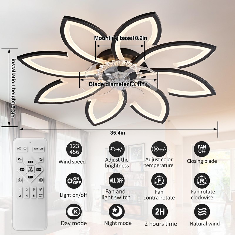 Modern 35" Ceiling Fan with Lights & Remote Control, Low