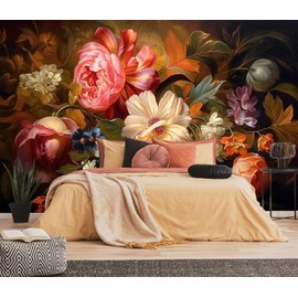 Toolhom Hand-Painted Watercolor Rose Peony Leaves Flower Mural, Assorted Colors Flower Wallpaper, can be affixed to The Living Room Bedroom Walls（Non-self-Adhesive）