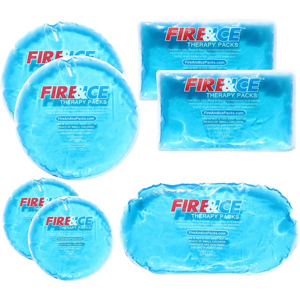 Fire & Ice Hot Cold Gel Packs-7 Reusable Packs In 4 Sizes for Multiple Applications – Muscle & Joint Pain, Sinus Relief, First Aid for Injuries, Tired Eyes, Child Boo Boos, or Keeping Lunches Cool