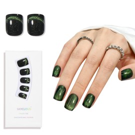 Dark Green Track Cat Eyes Press On Nails,12 Sizes - 24 Pcs Soft Gel Short Green Black Square Fake Nails Kit with Nail Glue, Natural Reusable Stick On False Nails for Women and Girls SK1002