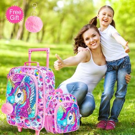 18" Kids Suitcase Set, 2Pcs Girls Unicorn Carry on Luggage with Wheels, Cute Sequin Children Travel Rolling with 12" Toddler Backpack(Pink)