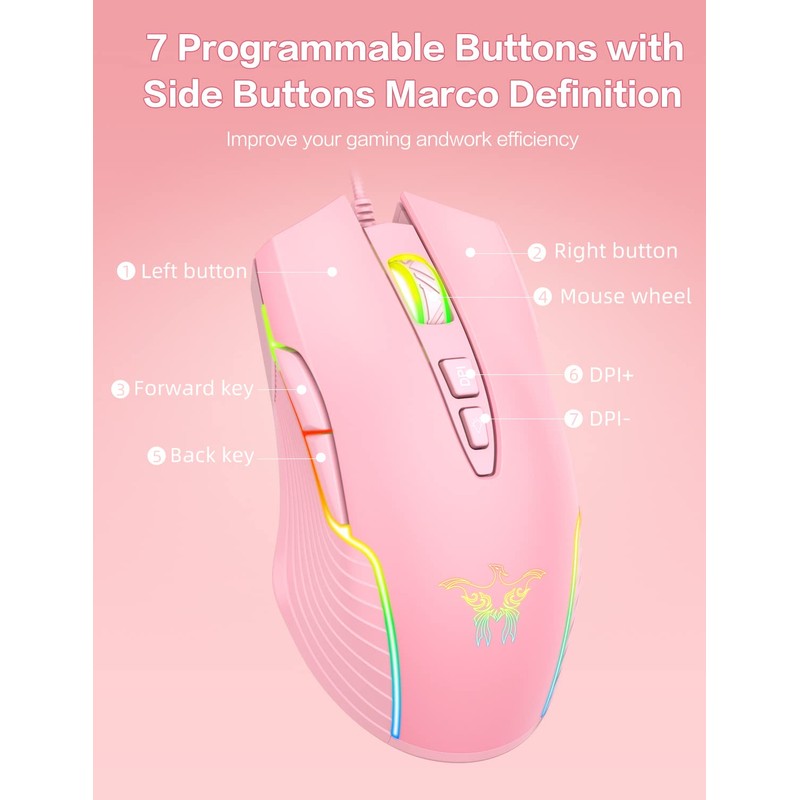 PHNIXGAM Wired Gaming Mouse, Ergonomic RGB Computer Mouse with RGB