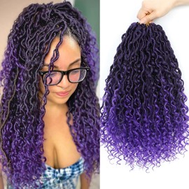 Col Bling Goddess Locs Crochet Hair 14 Inch 8 Packs Faux Locs Crochet Hair for Women Pre Looped River Locs Crochet Hair with Curly Ends (14 Inch 8 Packs, #1B/Pruple)