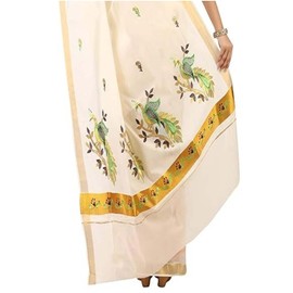 Stylesindia Kerala Kasavu Fancy Embroidery Saree 6.25 Mtrs Onam Deepali Kuthampully Saree Cream (Styles # 08)