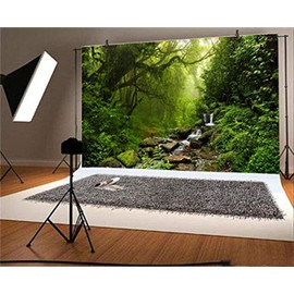 LFEEY 10x8ft Graceful Natural Scenery Backdrop Evergreen Forest Jungle Rock Flowing Mountain Stream Rainforest Photography Background Birthday Party Events Photo Studio Props
