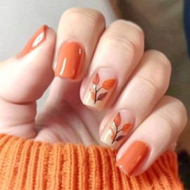 Fall Press on Nails Thanksgiving Short Square Fake Nails with Designs Orange Maple Leaf Glue on Nails 24 Pcs Reusable Acrylic Nail for Women WYFHDT
