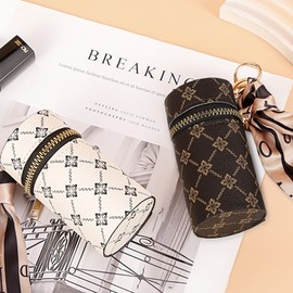 TORMEN Lipstick Case – Mini Organizer with Keychain for Makeup Coins Small Essentials (Brown + White)