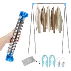 Portable Clothes Rack, Foldable, 13-28 Inch Telescopic Clothes Airer, Adjustable Travel Clothes Rack for Laundry at Home, Camping, Outdoor Travel (with Folding Hangers and Clothespins) (Blue)