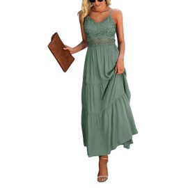 Dokuritu Women's Beach Crochet Lace Maxi Dress Wedding Guest Bridesmaid Cocktail Summer Spaghetti Strap Long Sage Green Dresses 2024(SproutGreen,L)
