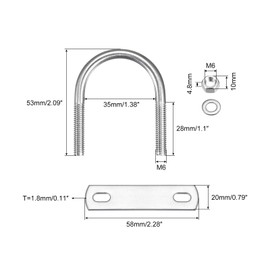 sourcing map Round U-Bolts, 2 Sets 35mm(1.38") Inner Width 53mm Length M6 304 Stainless Steel U Clamp Bolt with Nuts Washers and Plates, for Boat Trailer