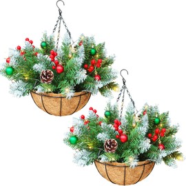 Orgrimmar Christmas Hanging Flower Basket with Built-in LED String Lights-12 Inch Pre-Lit Artificial Pine Decor,Battery-Operated Warm White Lights,Indoor/Outdoor Holiday Decoration for Door,Porch,Tree
