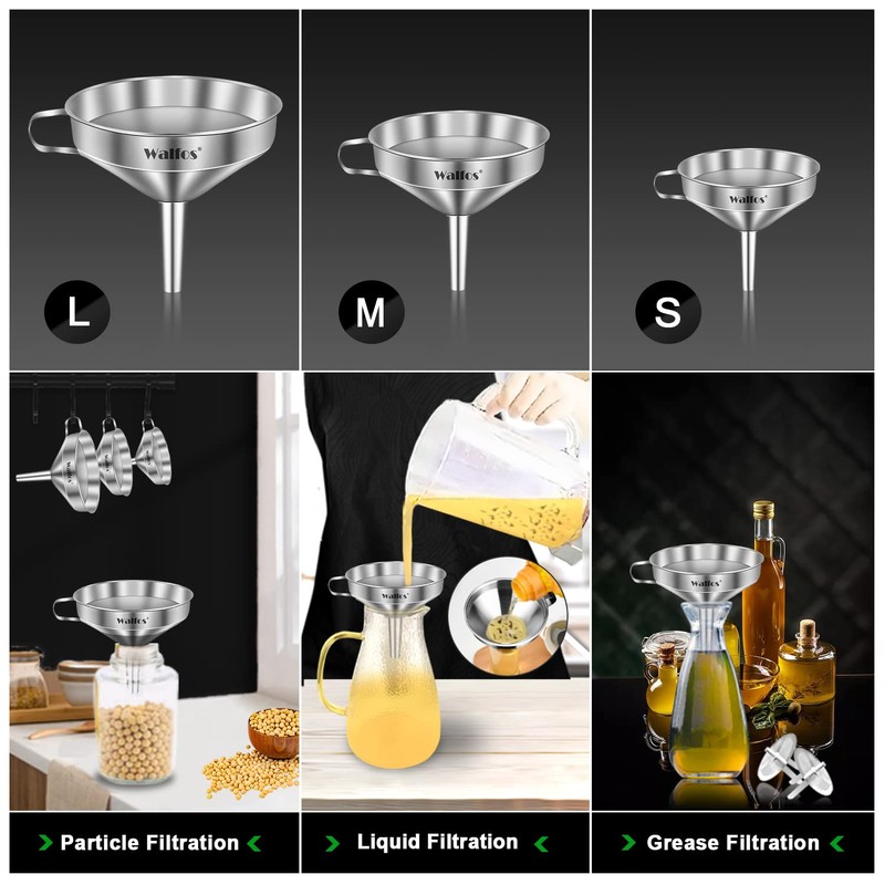 Stainless Steel Funnel, Walfos 3 Pack Kitchen Funnel with 2