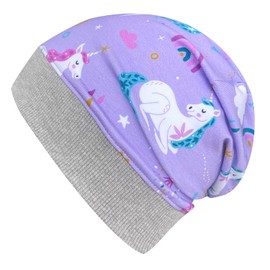 Wollhuhn Eco Lightweight Girls/Boys Beanie Hat Cuffs Elastic Transition Period Summer Children's Hat Cotton (Eco Fabrics, Organic) 22222235, unicorns lilac