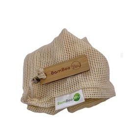 BamBoo-You Pack of 3 Reusable Cotton Muslin Bags with drawstring to keep your belongings safe an easy to use and wash mesh bags with bamboo tag (34cm x 31cm)