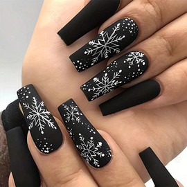 Christmas Press on Nails Long Coffin Fake Nails Black False Nails with Snowflake Design Glue on Nails Glossy Full Cover Stick on Nails Ballerina Acrylic Nails for Women Winter Manicure 24Pcs