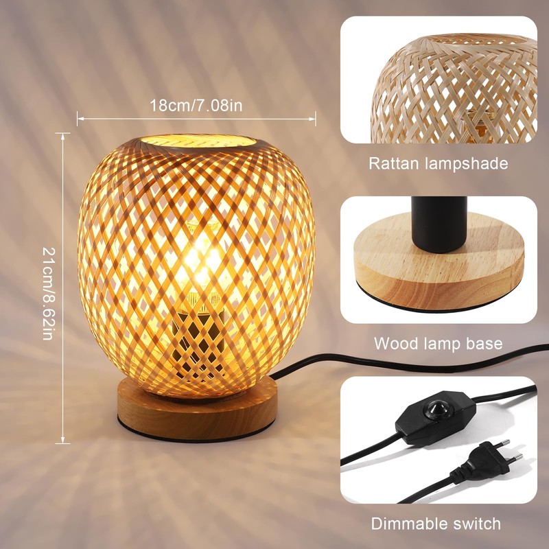 Pheashine Bamboo Table Lamp, Dimmable Wooden Base, Bedside Lamp, E27